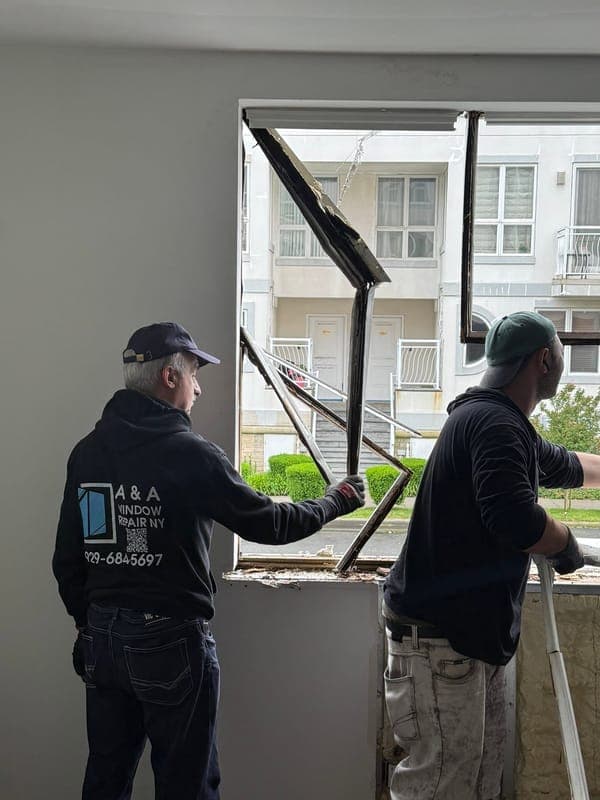 A&A technicians installing large window glass